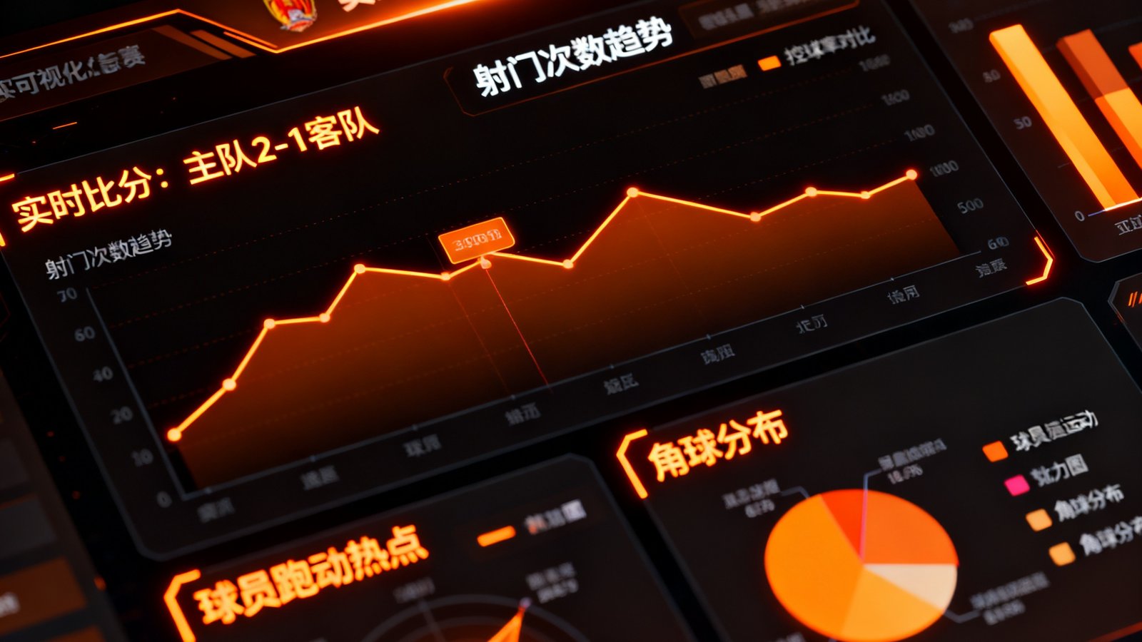 球速体育数据分析仪表盘界面，展示实时比分、赛事统计图表和数据可视化面板，深色主题配霓虹橙色高亮
